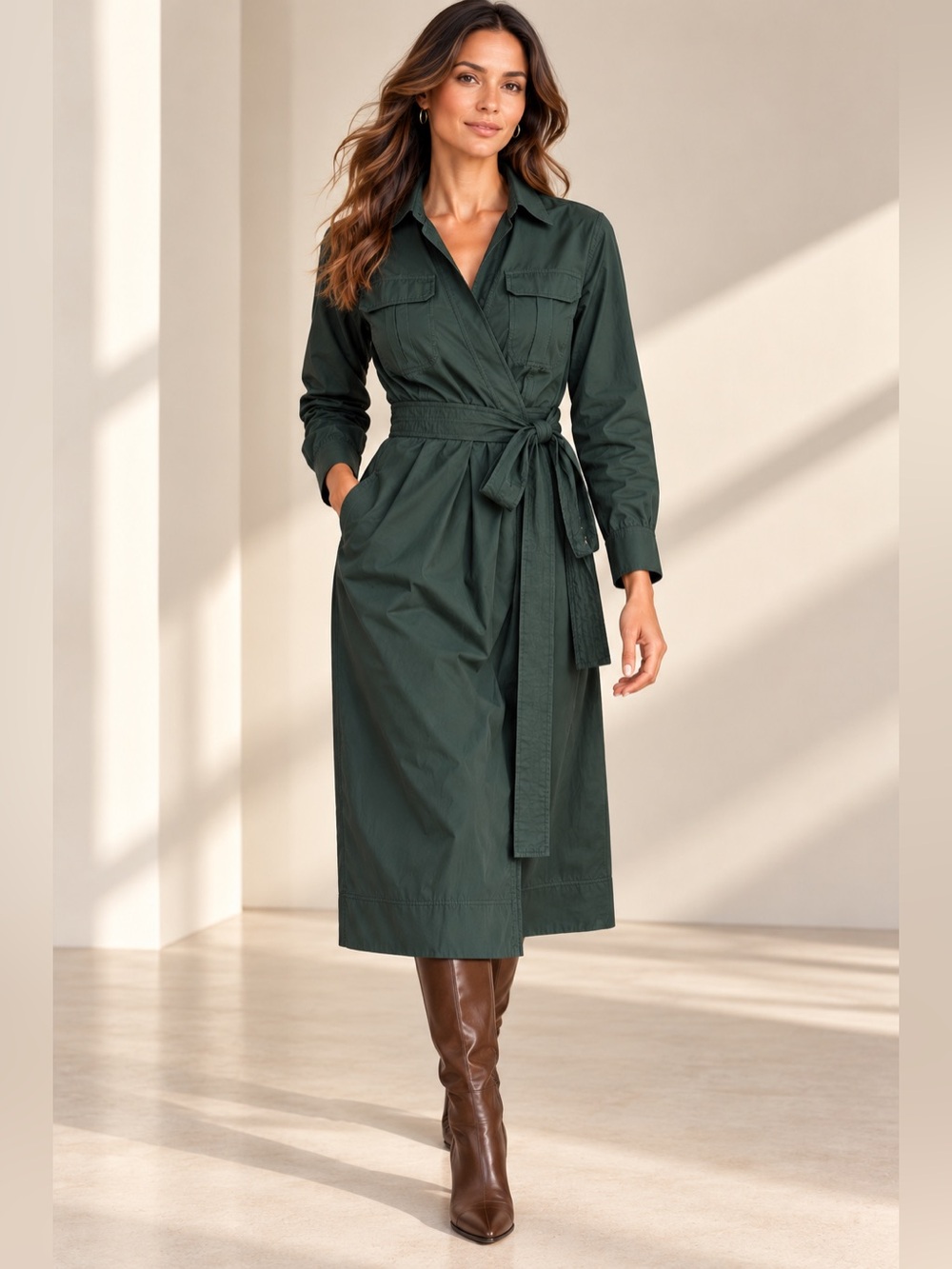 Banana Republic Factory Belted Poplin Midi Shirtdress Hunter Green XS Preppy